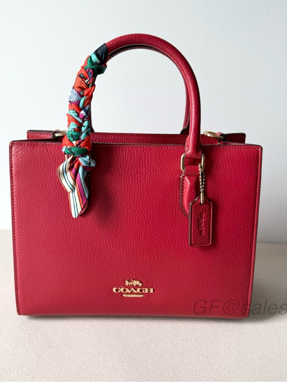 Coach Maggie Small Tote Bag Crossbody Gold/True Red + Equestrian Twilly Scarf